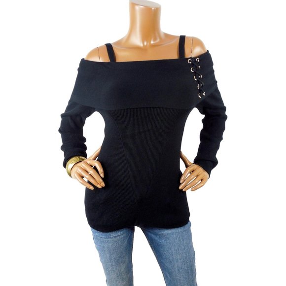 Thalia Sodi Sweaters - THALIA SODI Black Sweater M Off Shoulder Gold Grommet Lace Up Stretch Ribbed
